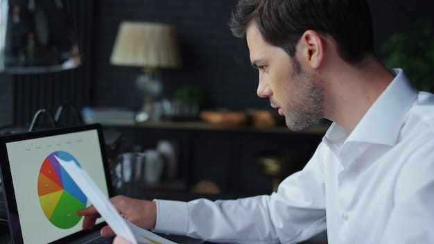 A digital marketing professional meticulously analyzing a complex spreadsheet filled with Google Ads data and keyword metrics, with graphs showing performance trends in the background. Their focus is on refining campaign targeting.