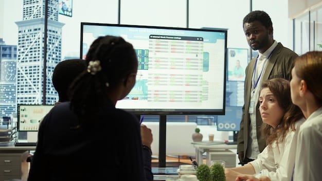A diverse group of marketers in a modern office, collaborating around a large screen displaying complex data visualizations and targeting parameters, emphasizing teamwork and data analytics.