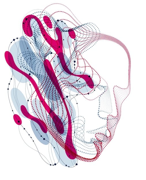 A stylized depiction of a human head with data flowing in and out, connected to various data points and concepts, representing semantic understanding and natural language processing in AI.