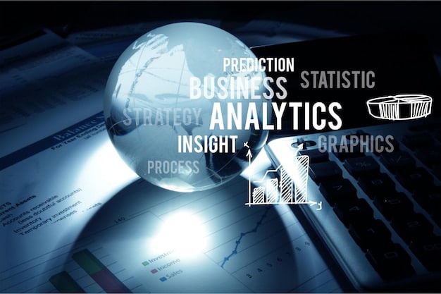 An abstract image symbolizing data analytics, with various charts, graphs, and a magnifying glass over digital lines, representing the measurement of content success and data insights.