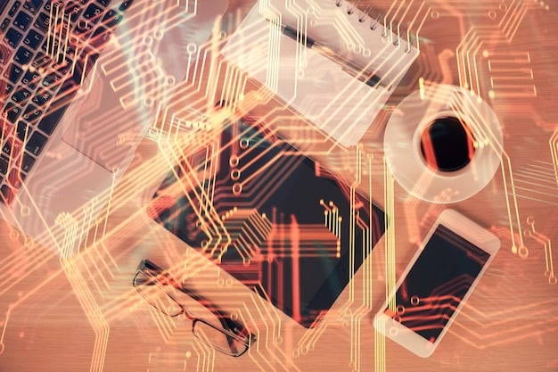An abstract visual representation of AI algorithms learning and processing data from various mobile devices, depicted as interwoven neural networks and data streams, symbolizing hyper-personalization in marketing.
