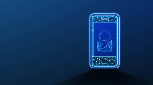 A digital visual representation of a padlock icon overlaying a smartphone screen, surrounded by glowing data points and a subtle shield graphic, symbolizing data privacy and security in the context of mobile marketing.