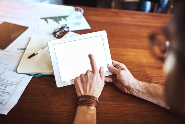 A close-up of a hand pointing at a search engine results page on a tablet, with sponsored ads highlighted at the top, emphasizing quick visibility.