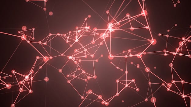 A complex network of interconnected nodes representing data points, with some nodes highlighted in red and showing a 