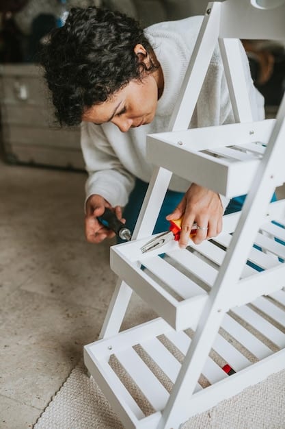 A person meticulously assembling a piece of furniture in a bright, modern living room, with tools neatly organized around them, suggesting a professional and efficient service.