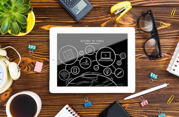 A person efficiently managing multiple digital tasks on a tablet and laptop, with various software icons on the screen, symbolizing workflow optimization in freelance writing.