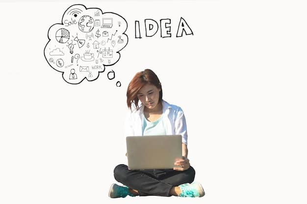A person meticulously researching on a laptop, surrounded by thought bubbles representing different niche ideas and product categories, emphasizing the strategic selection process.