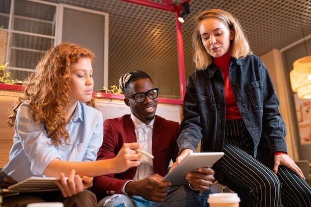 A diverse group of freelancers using laptops and tablets in a collaborative co-working space, with digital lines connecting them to various niche platforms icons floating above, signifying specialized remote work and global connectivity.