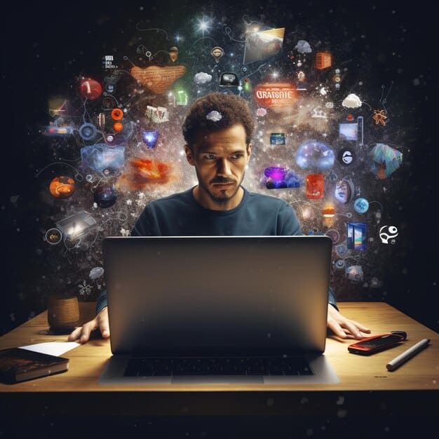 A person confidently typing on a laptop, surrounded by various social media platform logos, representing professional skill development and marketing strategy.