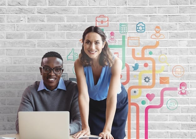 Two people smiling and discussing strategy over a laptop, with a diverse set of social media icons surrounding them, symbolizing collaborative growth in a social media management business.