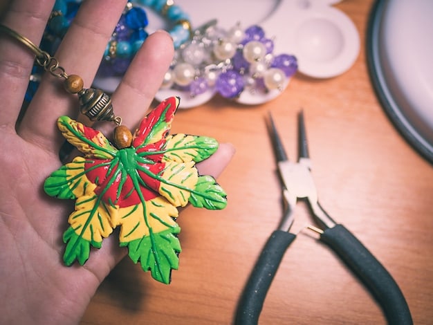 A close-up of hands crafting intricate jewelry pieces, with various colorful beads and tools laid out on a wooden table, symbolizing a creative hobby turning into a business.