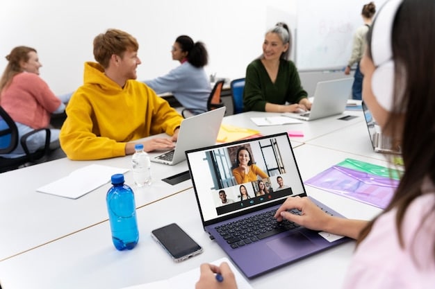 A person confidently presenting an online course on a laptop, with a diverse group of virtual students engaged in the background, signaling online education and entrepreneurship.