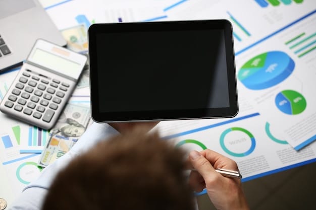 A detailed financial dashboard displaying charts and graphs of investments, savings, and income, with a person thoughtfully reviewing it on a tablet, symbolizing financial planning and growth.