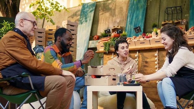A diverse group of small business owners showcasing their unique, artisanal products at a trade show booth, conversing with a potential subscription box curator.