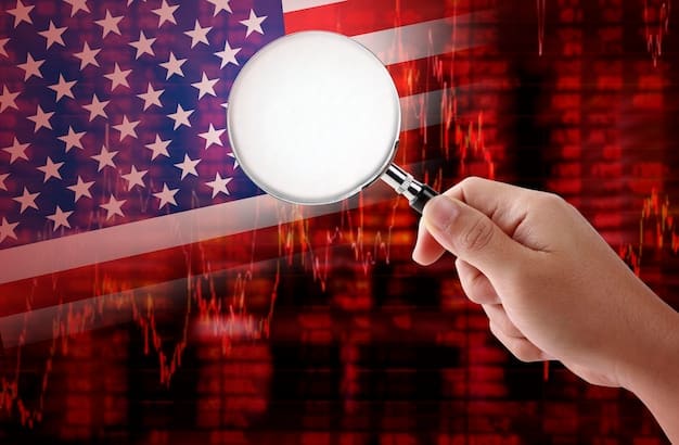 A person's hand holding a magnifying glass over a spreadsheet showing product names, commission rates, and affiliate program details, with a US flag blurred in the background.