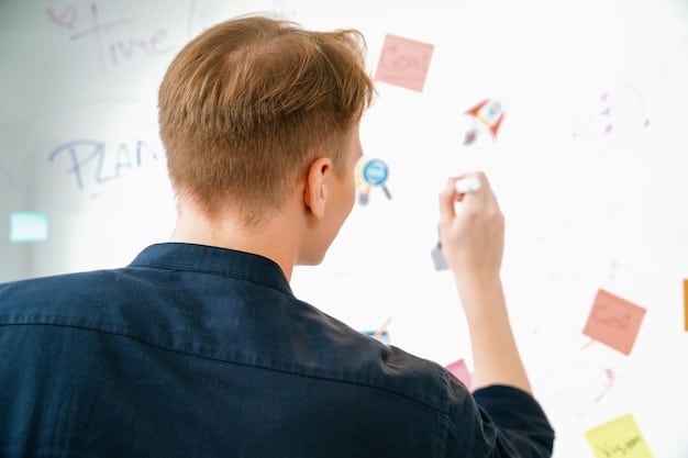 A person sketching out a business plan on a whiteboard, surrounded by sticky notes with ideation concepts related to turning a hobby into a business, showing focus and strategic thinking.