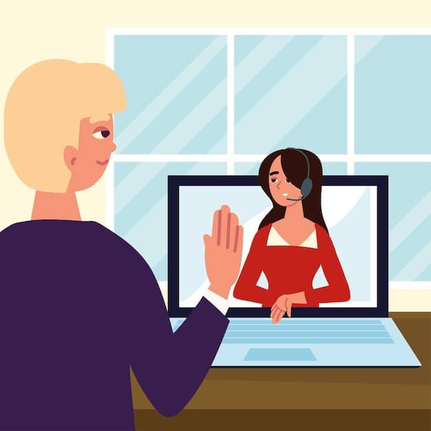 A professional virtual assistant on a video call with a client, demonstrating excellent communication and organizational skills, with a whiteboard in the background listing various specialized services like social media management and content creation.