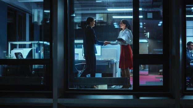 Two business professionals shaking hands in a bright, modern office setting, with a subtle digital overlay of social media graphs and analytics, symbolizing successful client acquisition and partnerships in the digital marketing space.