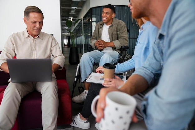 A diverse group of professionals networking at a modern co-working space, engaged in conversation, with laptops and coffee cups, symbolizing collaboration and community building.