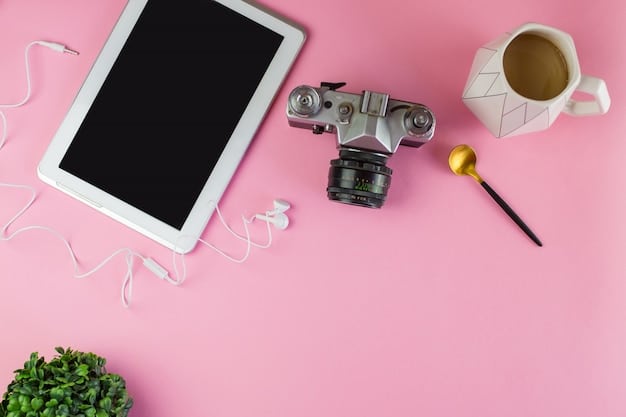 A detailed flat lay of a photographer's desk. Items include a DSLR camera, a tablet displaying analytics from a stock photo site, a notebook with keywords, and a cup of coffee. The focus is on the digital screen and strategic planning.