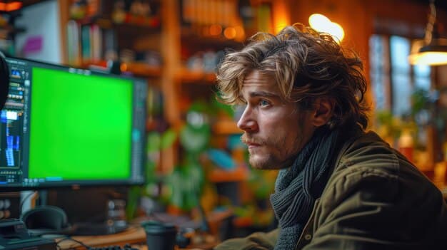 A person looking intently at multiple computer screens displaying complex code, surrounded by coding books and coffee, signifying intense problem-solving and debugging.