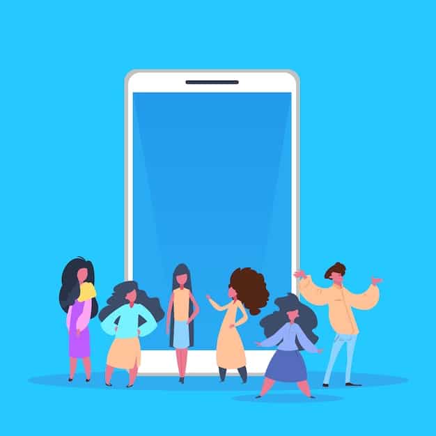 A digital illustration showing diverse user personas floating around a central mobile phone screen, surrounded by speech bubbles, analytics charts, and a magnifying glass, symbolizing market research and user understanding.