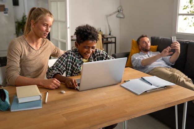 A diverse group of students, ranging from elementary to college age, are individually engaged in online learning on laptops and tablets, with a clear focus on personalized education.