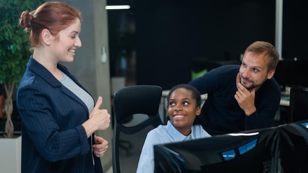 A diverse group of customer service agents collaborating in an office, reviewing customer feedback on screens and discussing strategies to improve satisfaction.