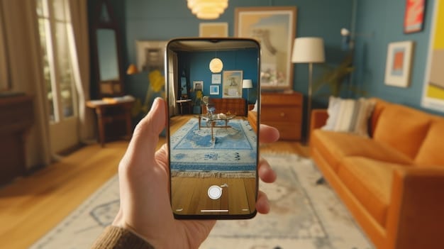 A smartphone screen showing an augmented reality (AR) feature where a virtual piece of furniture is perfectly placed within a real living room setting, illustrating how AR is used in e-commerce.