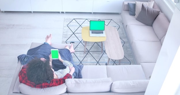 A customer interacting with an augmented reality app on their smartphone, visualizing a piece of furniture in their living room. The image should convey ease of use and realistic digital overlay.