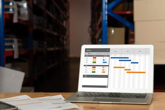A detailed close-up of a laptop screen displaying a complex inventory management dashboard with charts and graphs illustrating sales trends, stock levels, and demand forecasts, alongside a hand pointing at a key data point.
