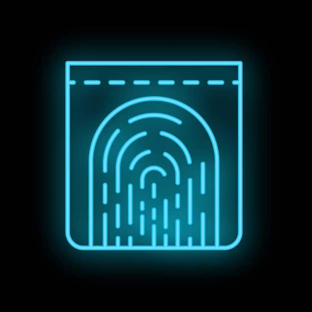 A multi-layered digital lock icon with biometric fingerprint recognition and two-factor authentication symbols, signifying advanced security and access control.
