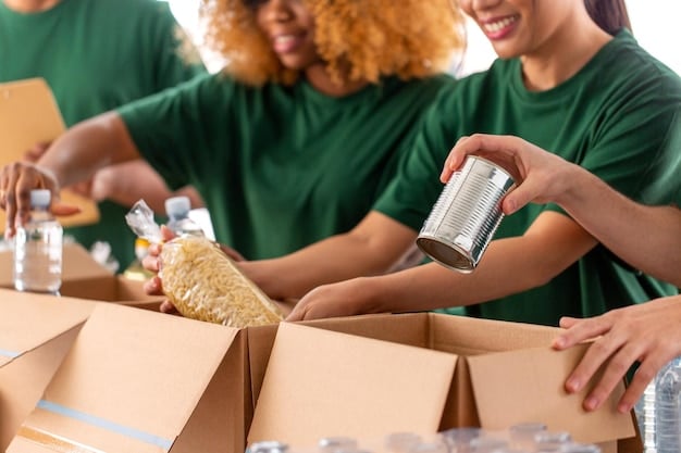 A diverse group of people sorting recycled materials, with a focus on cardboard and plant-based packaging, in a clean, modern facility.