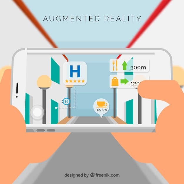 A stylized depiction of a smartphone screen showing an augmented reality (AR) application, with a virtual sofa being placed in a real living room seen through the phone's camera, illustrating immersive mobile experiences.