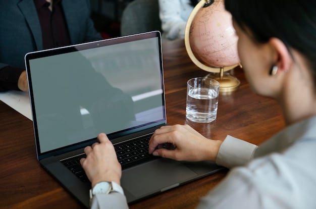 A person's hand holding a magnifying glass over a laptop screen displaying various charts and graphs, representing data analysis and optimization for online business. The background is slightly blurred with office elements.