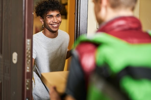 A happy customer receiving a package at their doorstep, signaling successful and timely delivery due to efficient e-commerce operations, with a well-branded delivery vehicle in the background